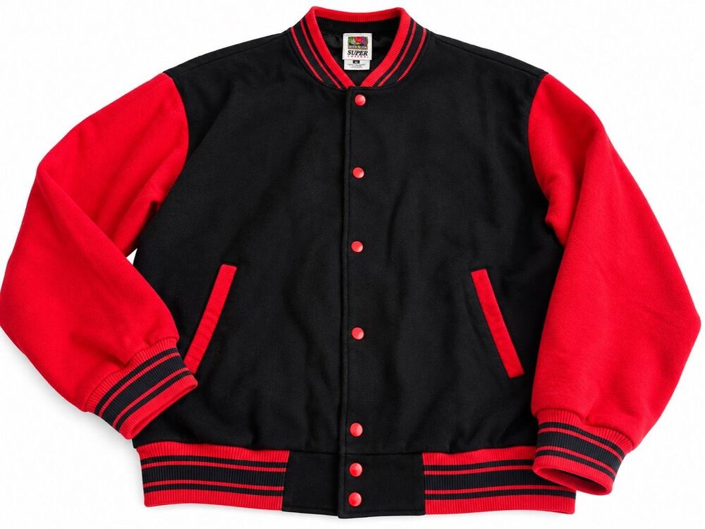 Fruit of the Loom Super Cotton Vintage 90s Black Red Varsity Bomber Jacket Sz XL